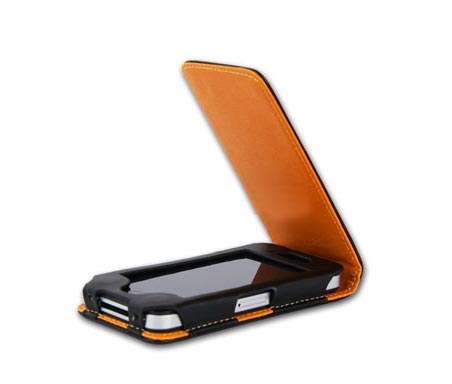 Usnjen etui za iPhone 4 in 4S s poklopcem - oranžna notranjost