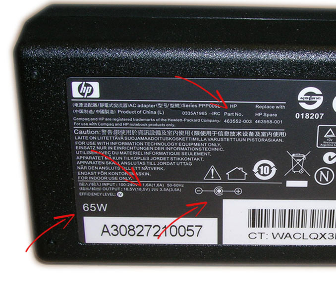 Nalepka napajalnika HP - pomembni podatki